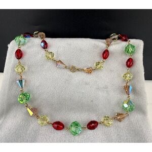 Vintage Beaded AB Glass Necklace Green Red WOW 19"